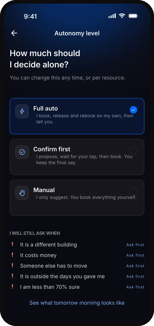 Autonomy set to Full auto, with the list of cases where Sync will still ask first