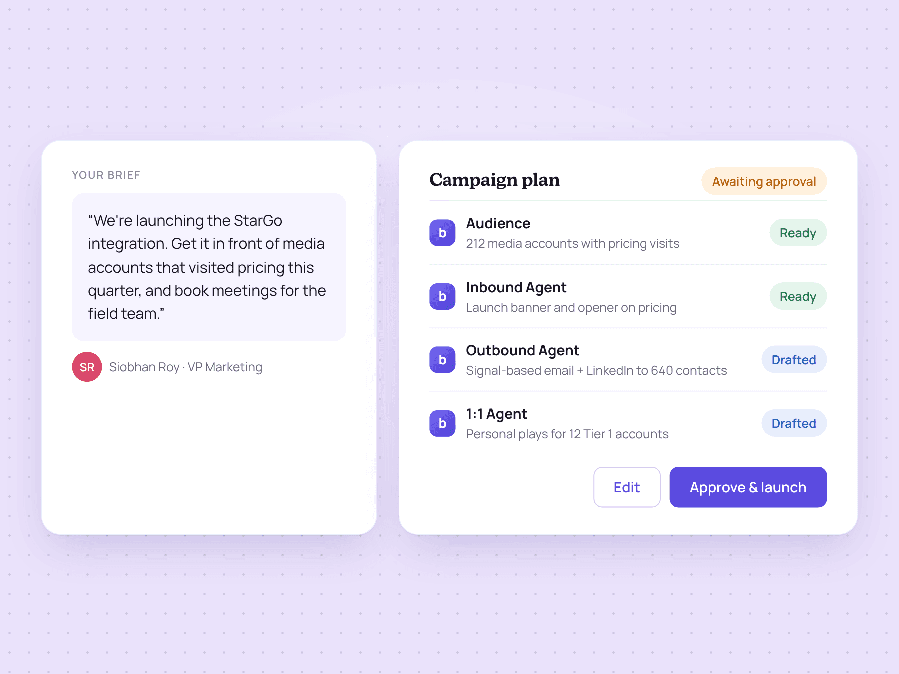 A marketer's brief turned into a campaign plan across inbound, outbound and 1:1 agents, awaiting approval