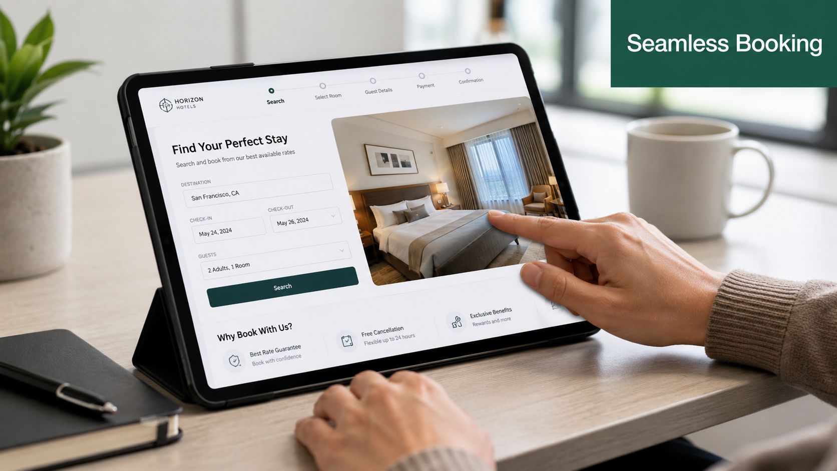 A person using a tablet to search for hotel room bookings on the Horizon Hotels website.