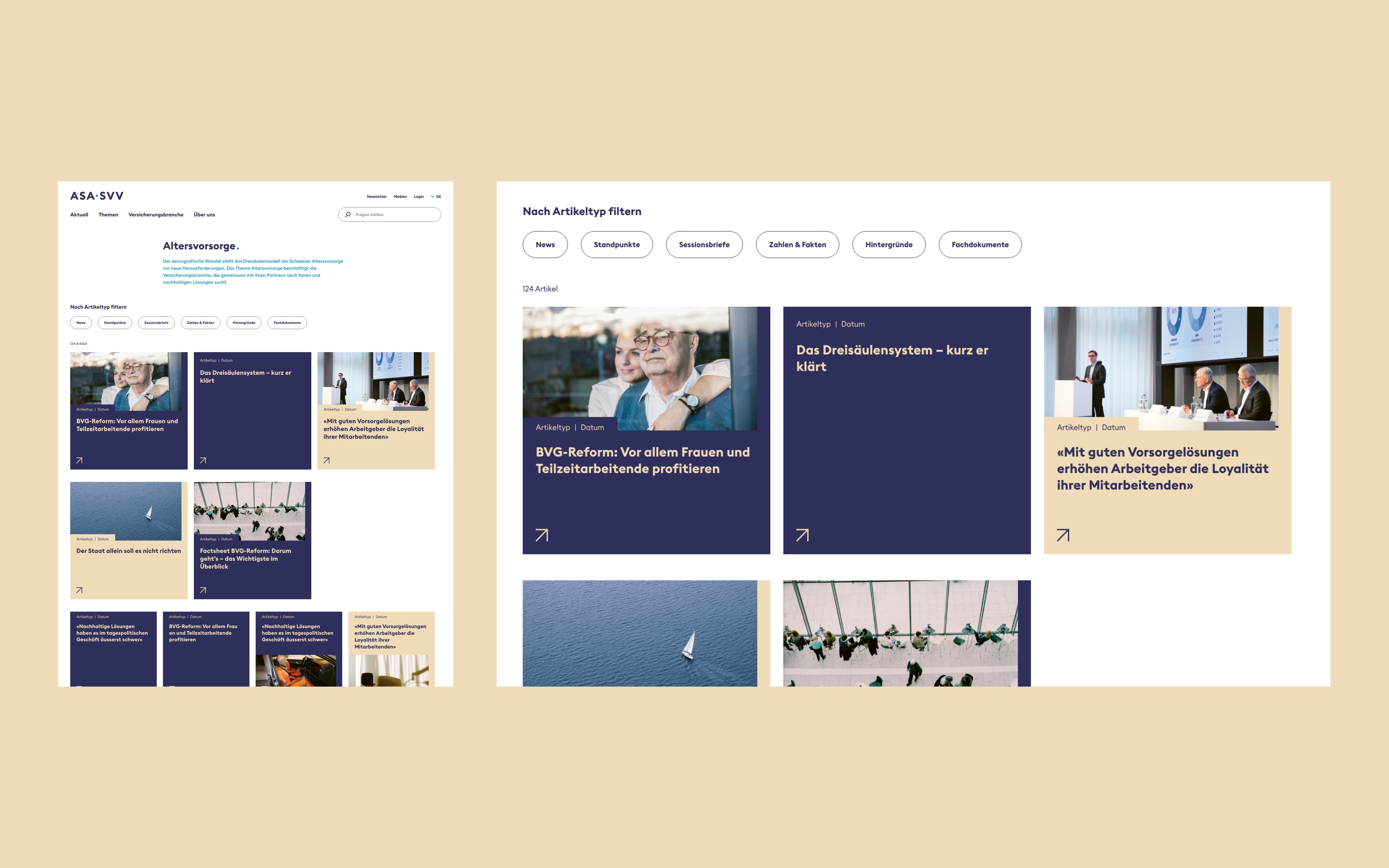 Tablet- und Desktop-Ansicht einer Themenseite der neuen SVV Website. Die Layouts liegen auf einer Farbfläche.