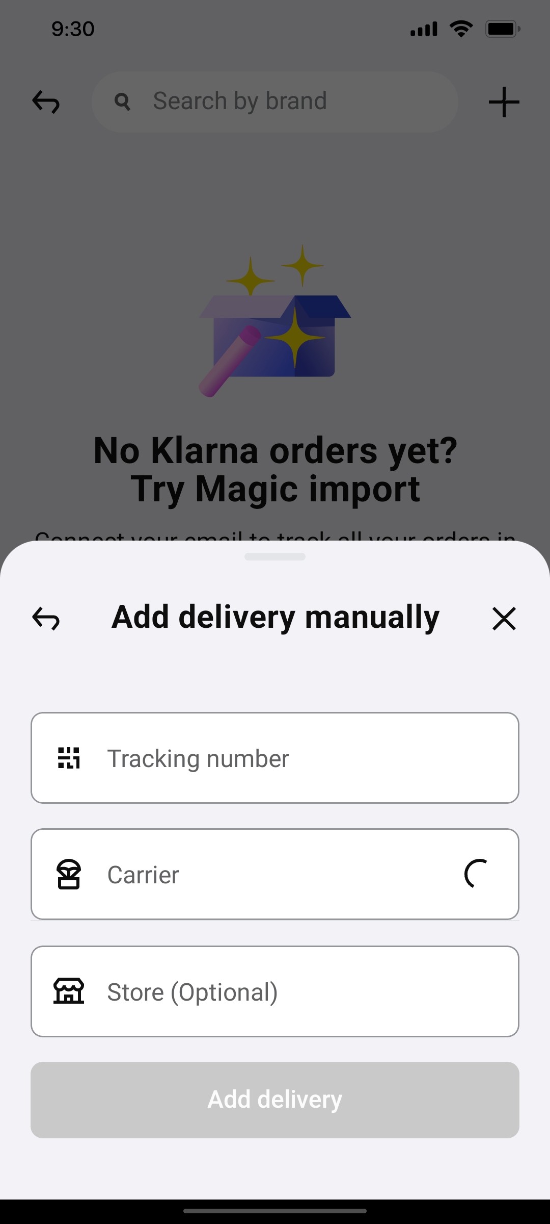 Klarna Add Delivery Manually page Screen