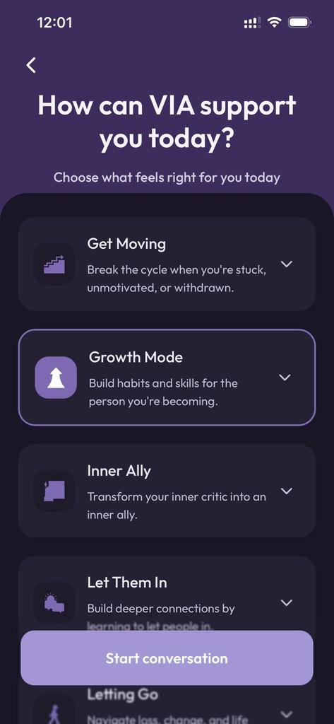 A smartphone displaying the 'Meet LUMI' app interface. At the top, it says 'Welcome Chris' with a circular initial 'C' icon. The main section features the 'Meet LUMI' title and the circular logo of a brain or two tree halves, light blue on the left and dark purple on the right, next to a toggle switch with a microphone icon. Below this, it reads 'Click to start conversation' and 'Buddy Mode'. Further down, there's text indicating 'LUMI has pre-selected the best scenario for you, but you're welcome to choose any other scenario'. Below this, three rectangular cards are visible: 'Buddy Mode' in purple with a 'View Details' button, 'Onboarding' in light blue with 'Tap to select' and 'View Details', and partially visible, 'Sleeping' with a 'View Details' button.