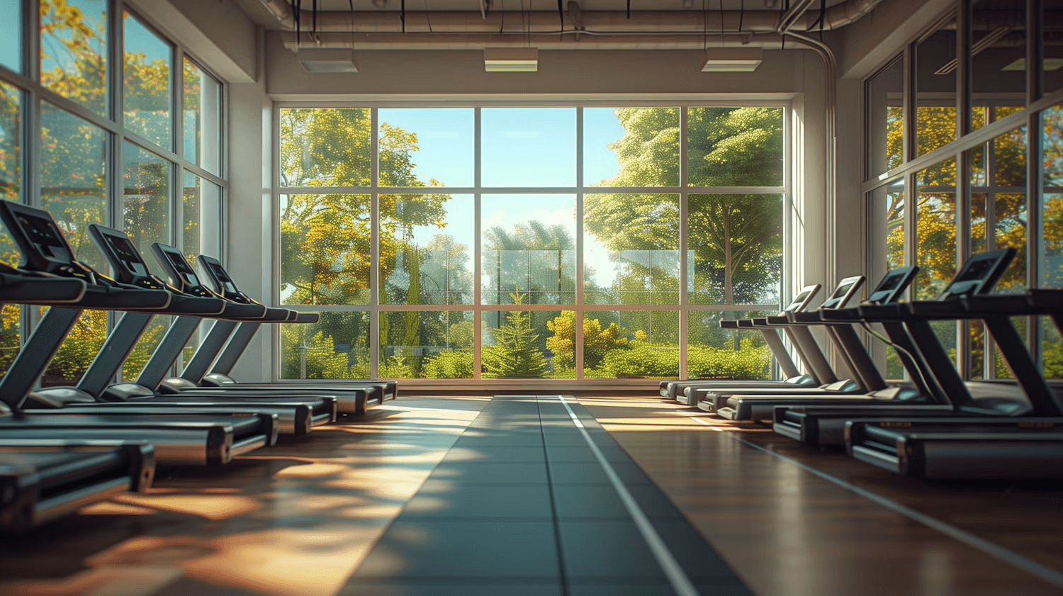 Row of treadmills facing large windows with bright sunny green trees view in modern gym.