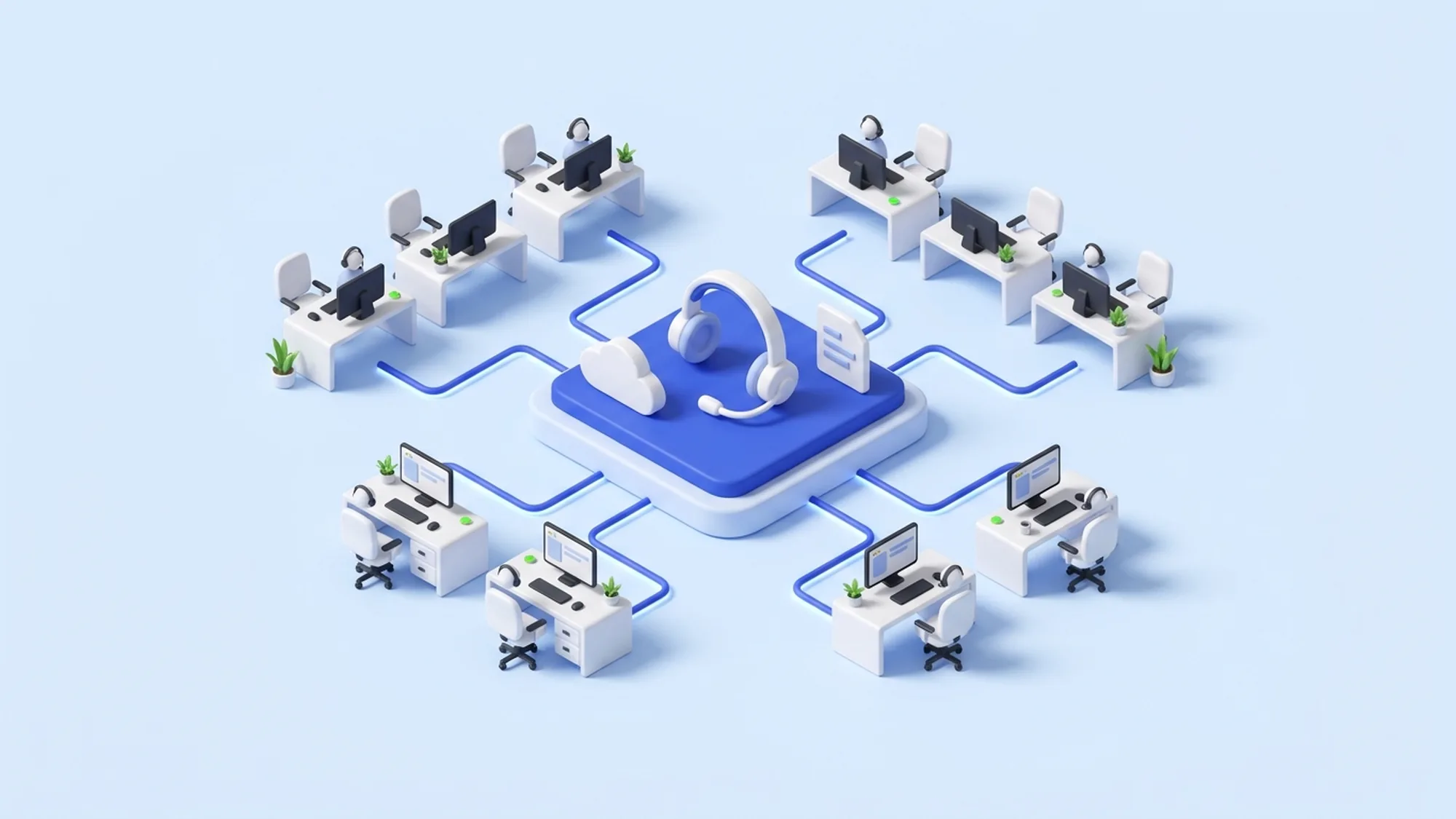 Illustration 3D d'un BPO call center : processus clients externalisés auprès d'un prestataire spécialisé