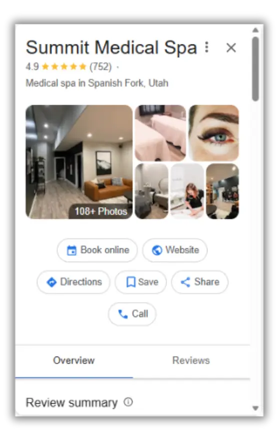 Summit Medical Spa Google business profile in Spanish Fork, Utah with 4.9-star rating.