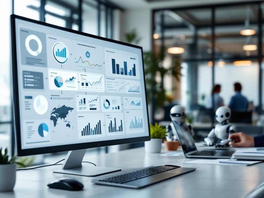 Un écran d'ordinateur affichant des rapports et processus administratifs automatisés, avec des éléments visuels comme des organigrammes et des icônes robotiques, dans un environnement de bureau professionnel.