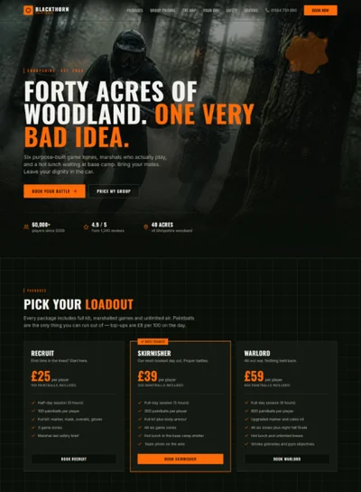 Paintball site website template preview with packages and game zones