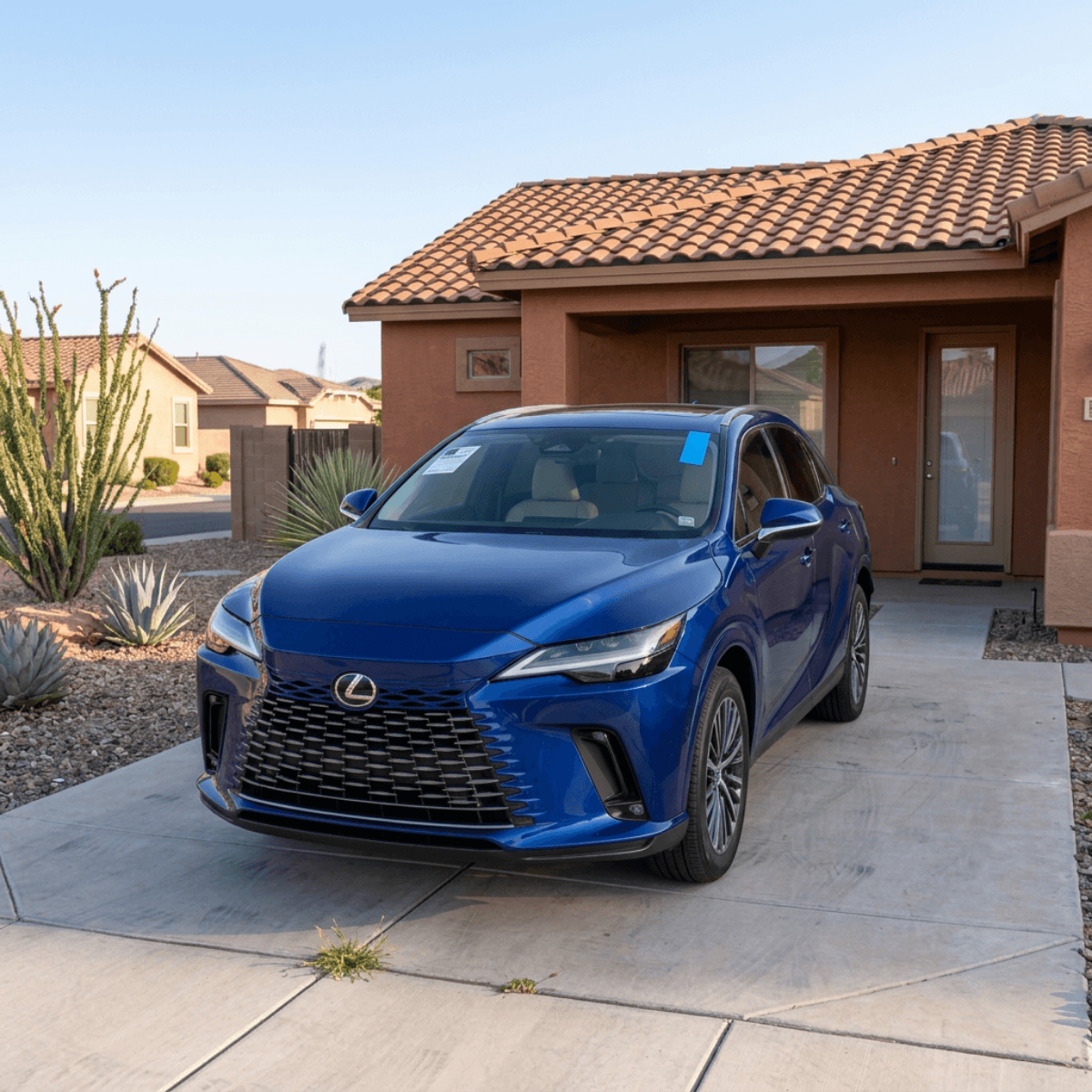 Blue Lexus RX F Sport gleaming with a newly installed windshield in Eloy, Arizona