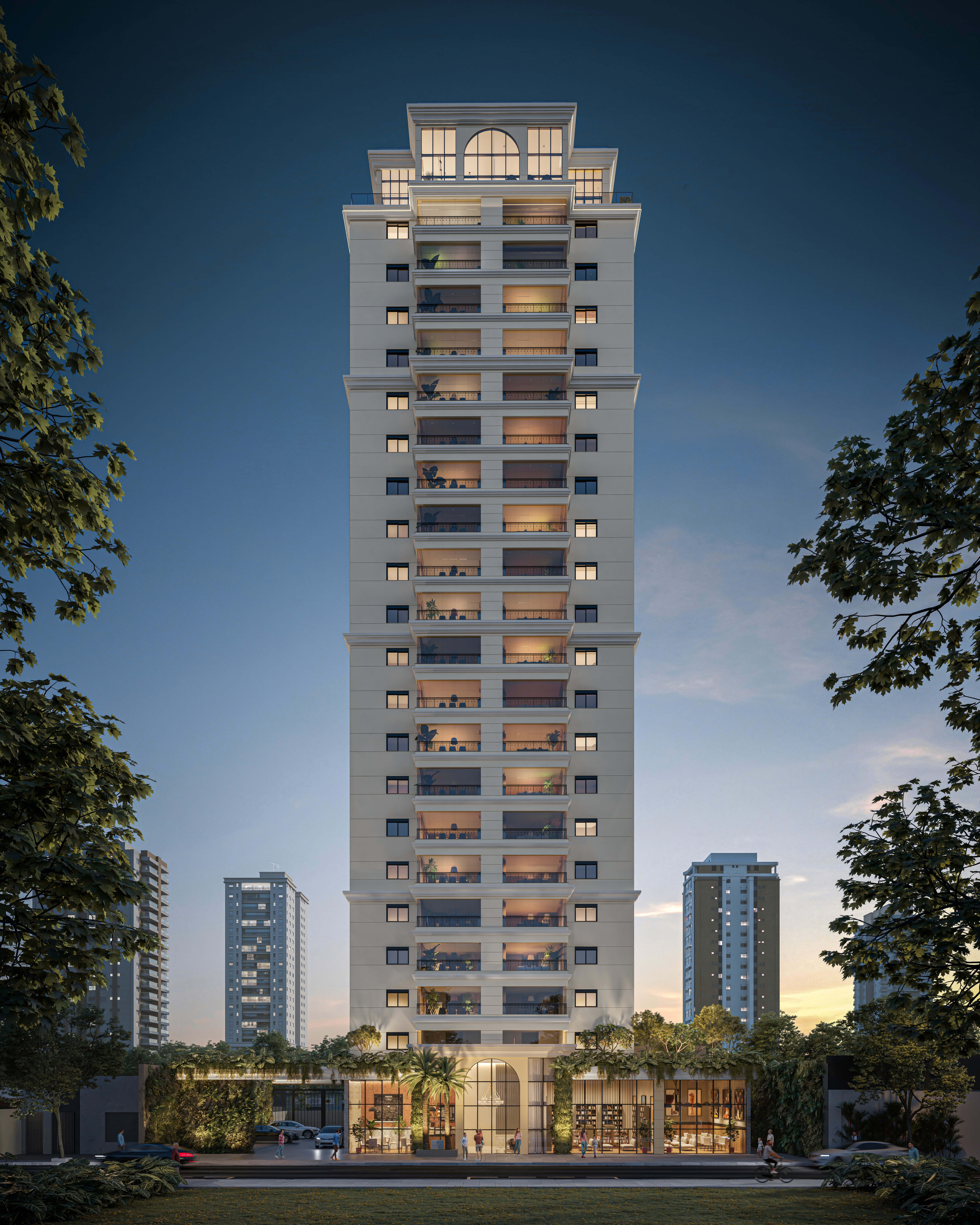 Curved modern skyscraper against a clear blue sky.