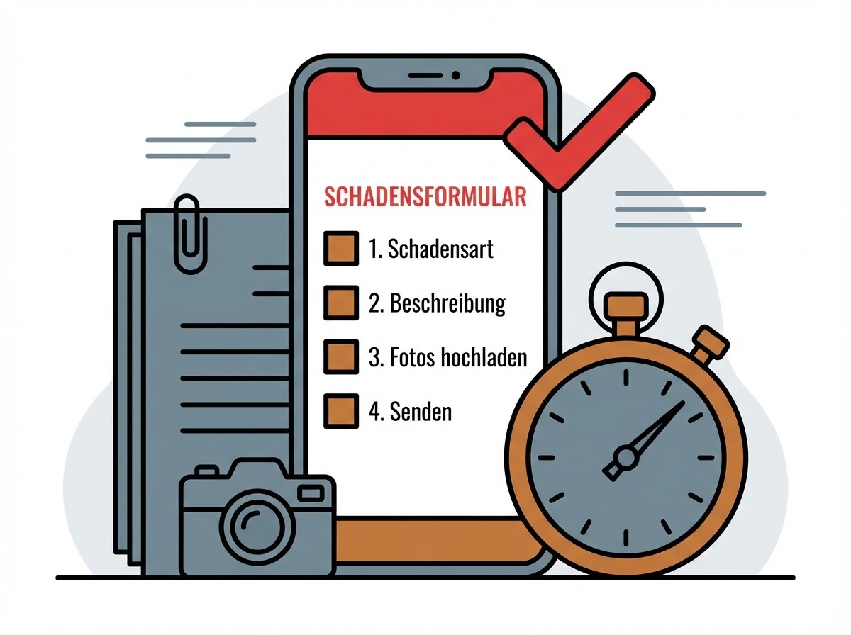 Grafik eines Smartphones mit Schadensformular, Stoppuhr und Kamera, die eine schnelle digitale Schadenmeldung symbolisiert.