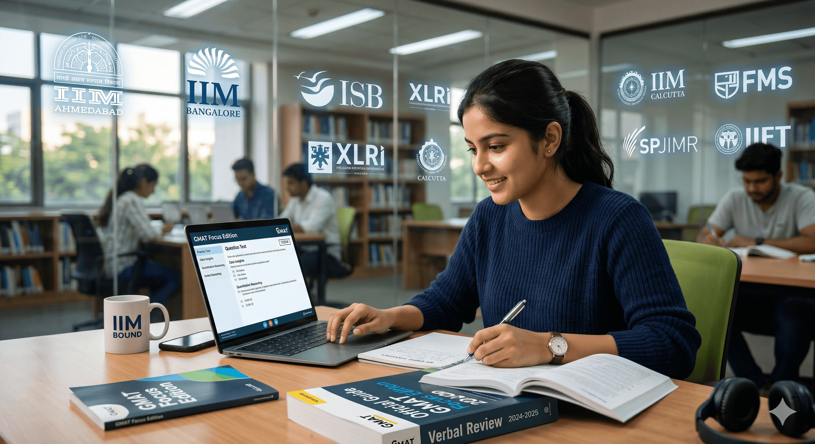 Student preparing for GMAT Focus Edition for MBA admissions in India, surrounded by study materials and B-school emblems.