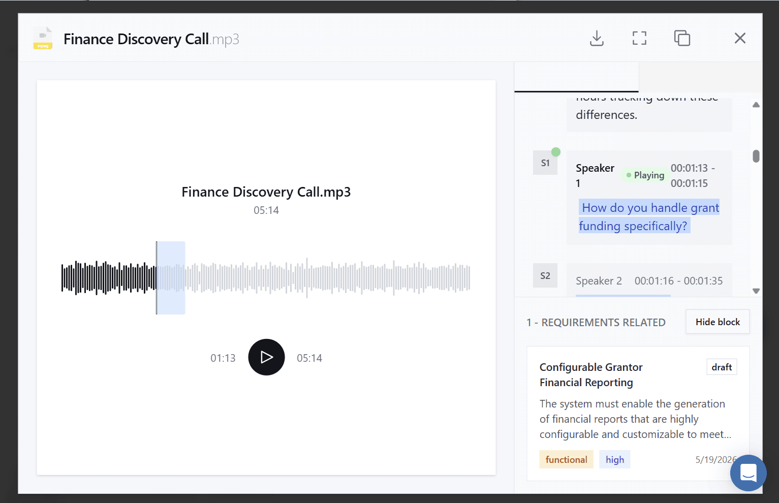 A requirement with a score of 82/100 and a place to chat with Glossa's AI review expert