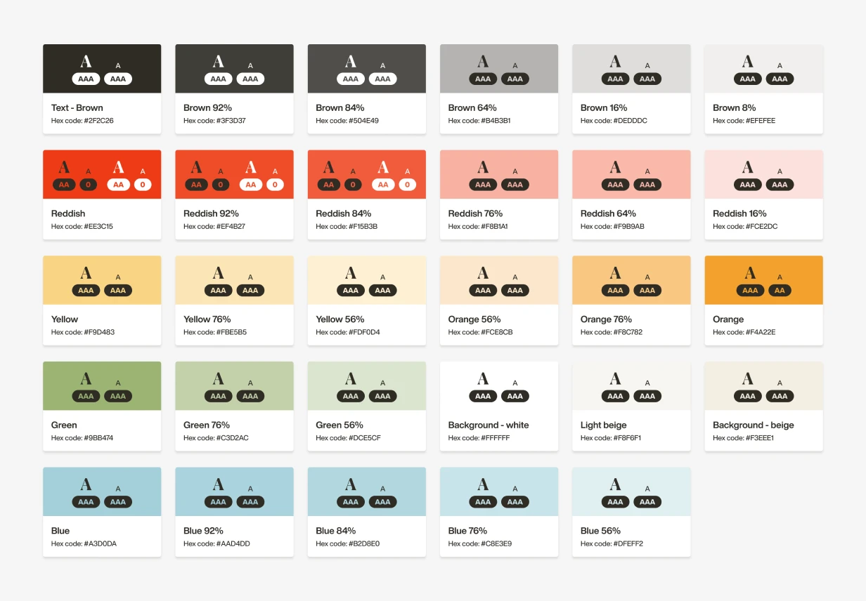 Inyova design system color palette with accessibility contrast examples, showing light and dark text usage.