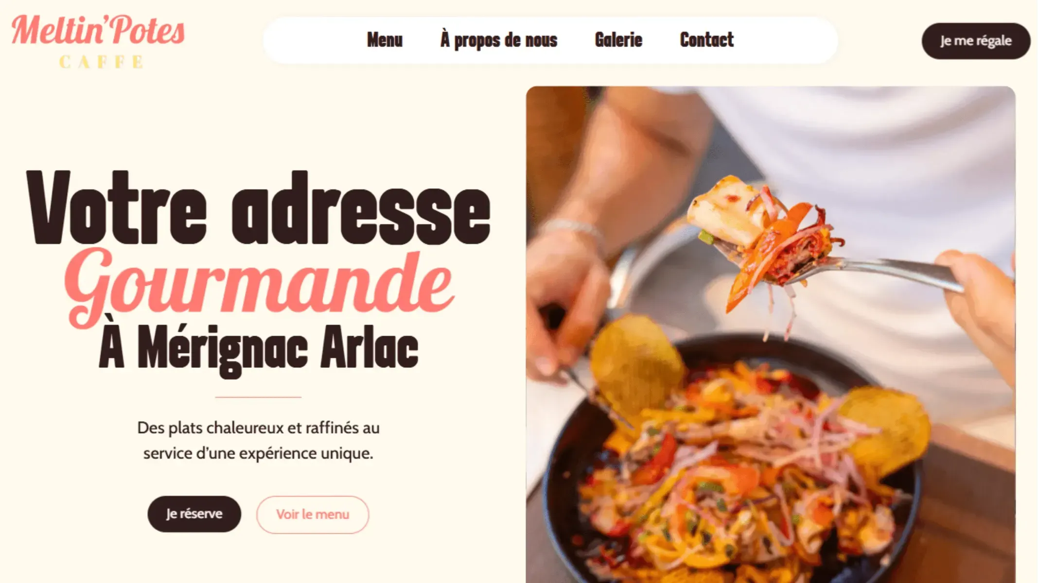 Hero section d'un site web créée pour un restaurant (Meltin Potes Caffé) sur Bordeaux et Mérignac