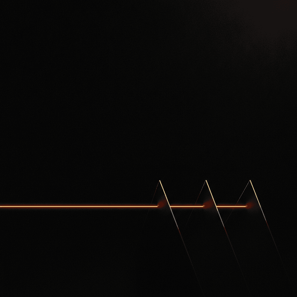 Single thin orange thread of light passing through layered black planes receding into deep shadow