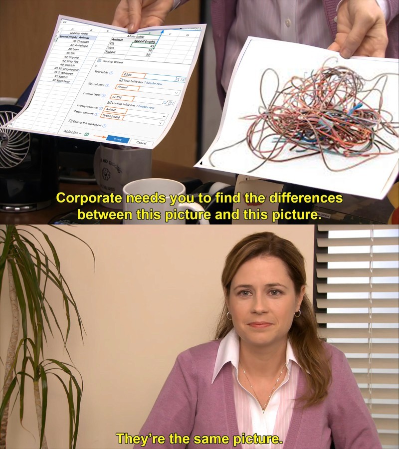 Meme comparing a VLOOKUP spreadsheet to tangled wires with caption “They’re the same picture” — illustrates messy manual CSV merging for email + LinkedIn outreach.