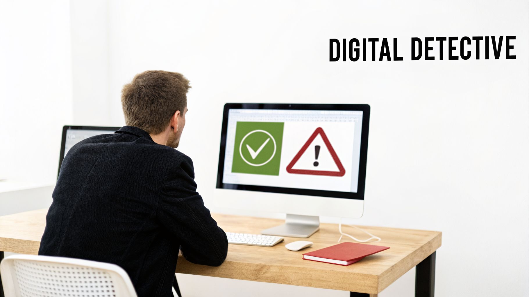 A man sits at a desk, looking at a computer screen displaying a green checkmark and a red warning sign.