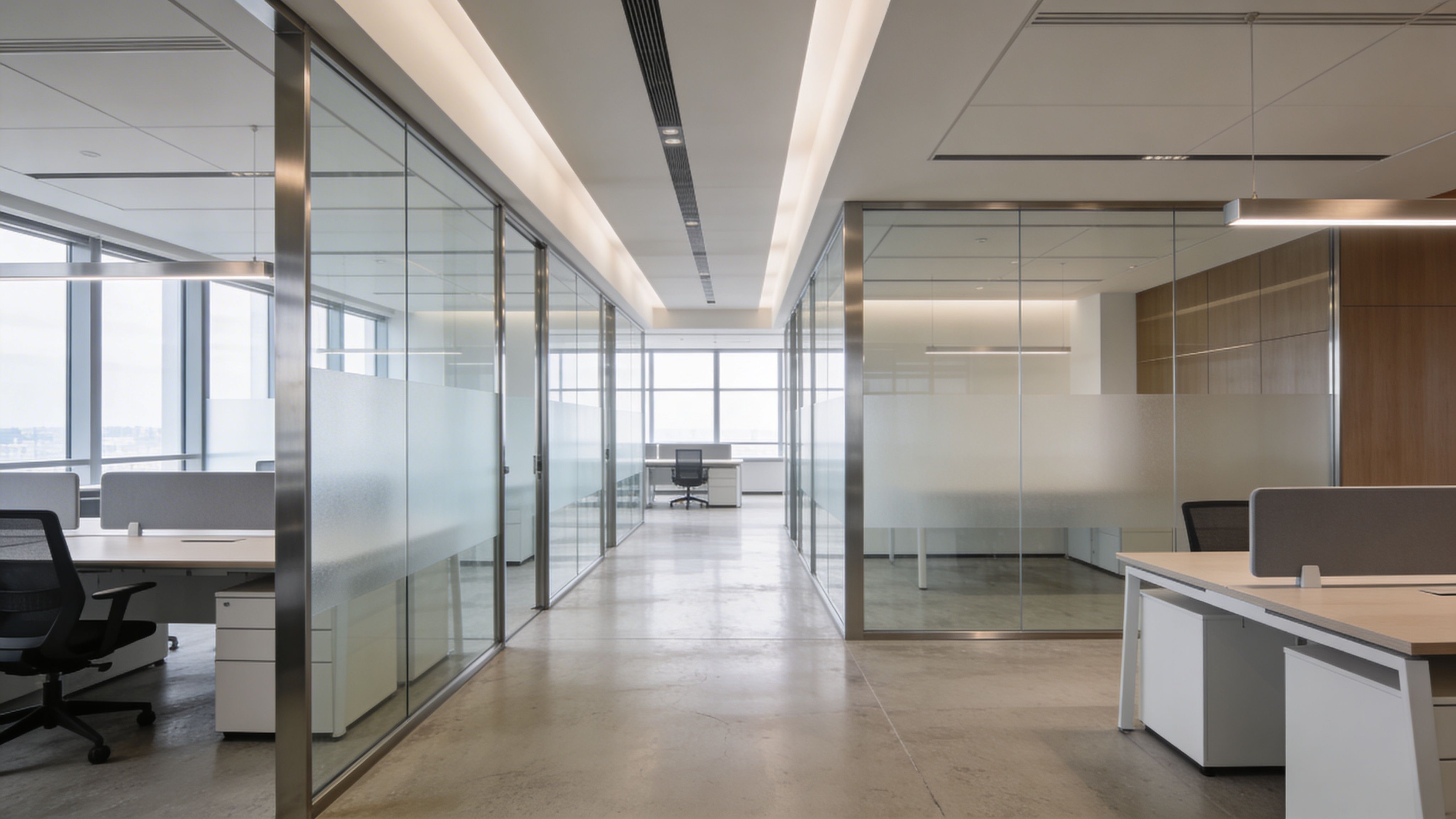 Modern office corridor with glass-partitioned meeting rooms, clean minimal design, and natural daylight