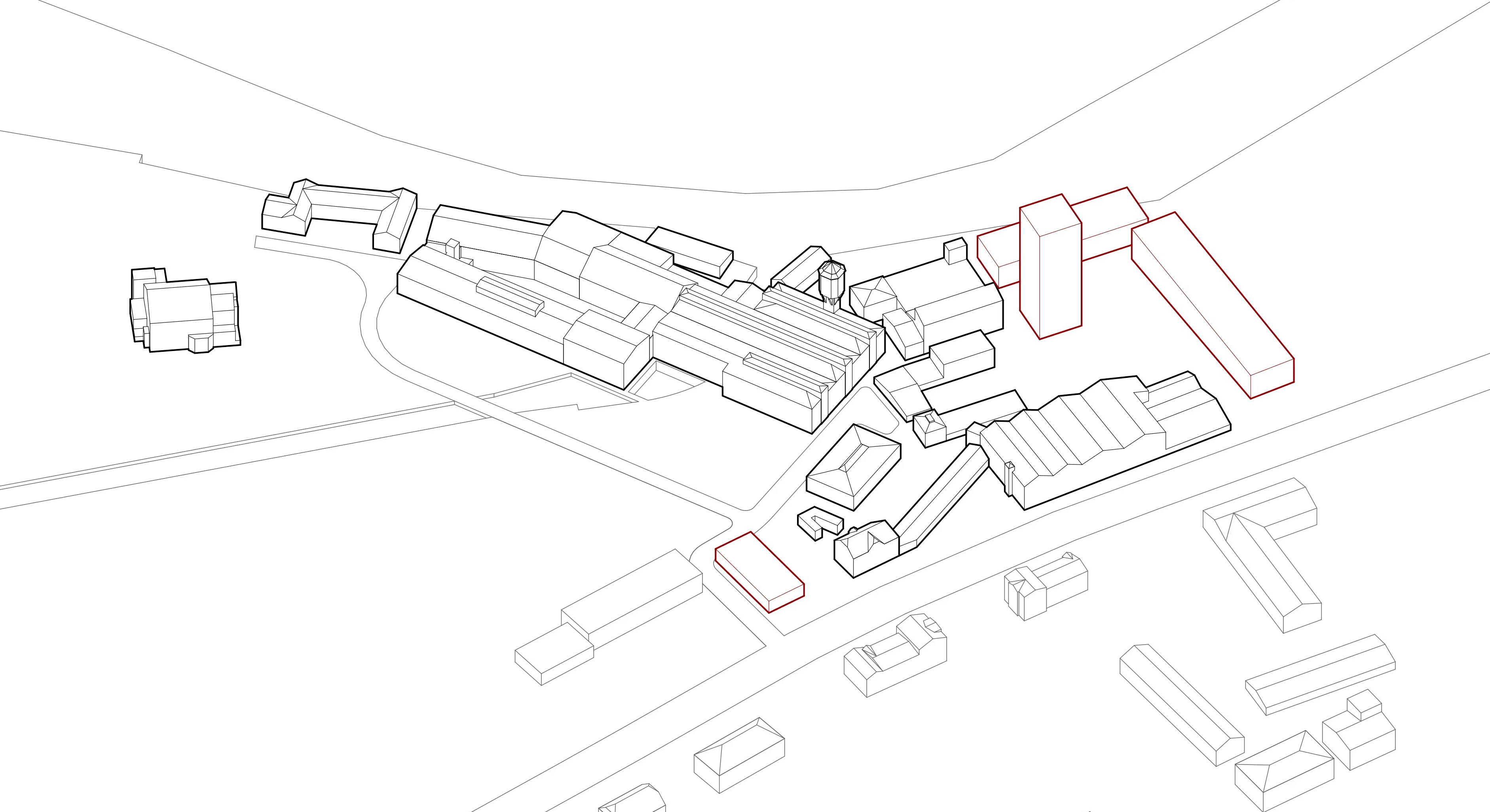 Axonometrische Darstellung des Umnutzungskonzepts der Papierfabrik Wolfswinkel in Eberswalde mit Bestands- und Neubauvolumen