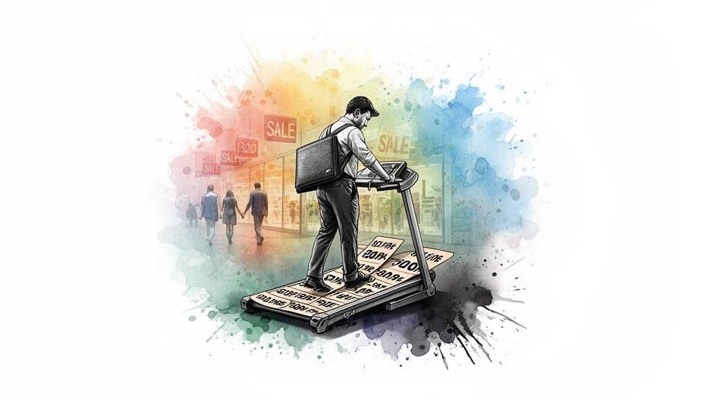 A man walks on a treadmill made of receipts, surrounded by sale signs, representing modern consumerism.