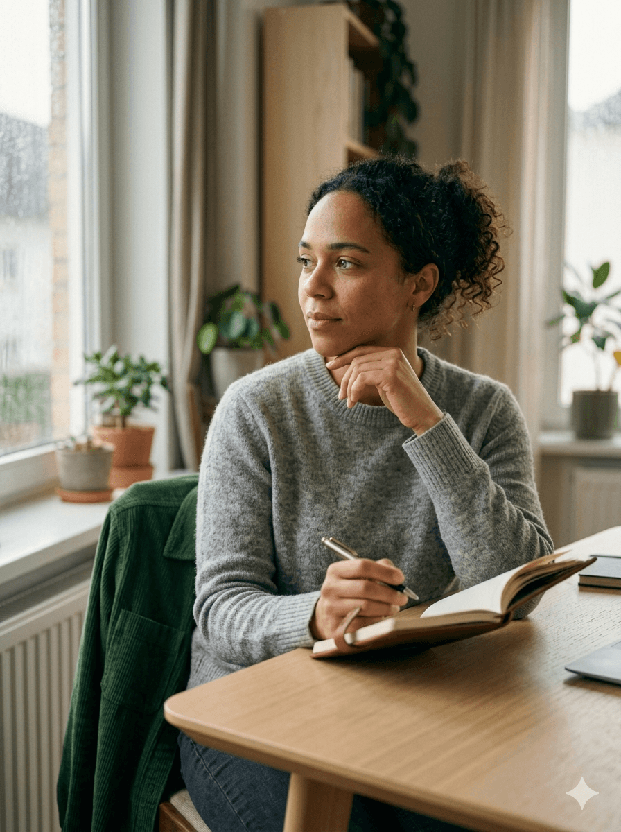 A woman sitting at a wooden desk, pausing from writing in her journal to look thoughtfully out a window. Her expression is pensive and focused, capturing a moment of deep reflection and discernment