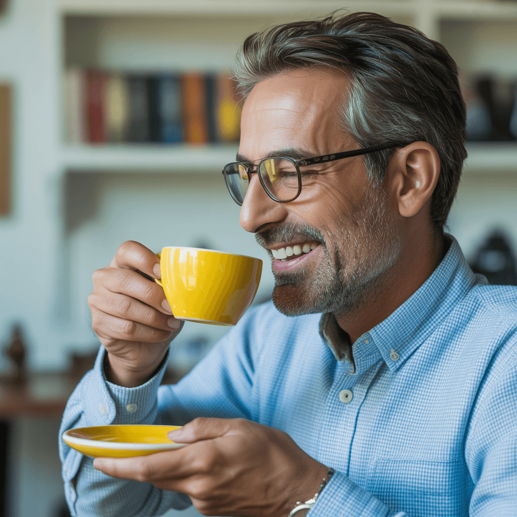 Man smiling and drinking coffee