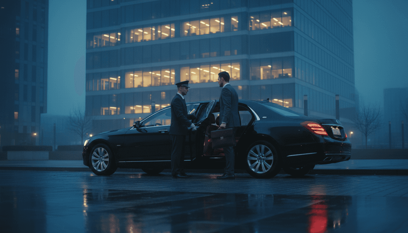 An executive stepping into a chauffeured car outside headquarters at dawn, bound for the airport — how a trip starts when policy and account are in place