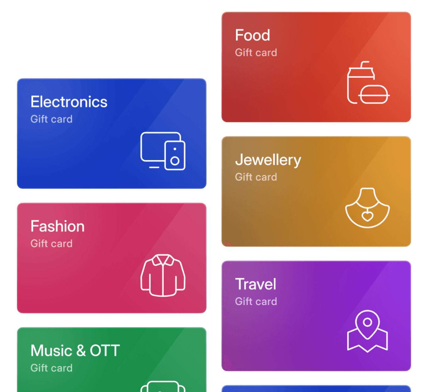 Gift card themes - Electronics, Good, Fashion, Travel, Jewellery, Music & OTT