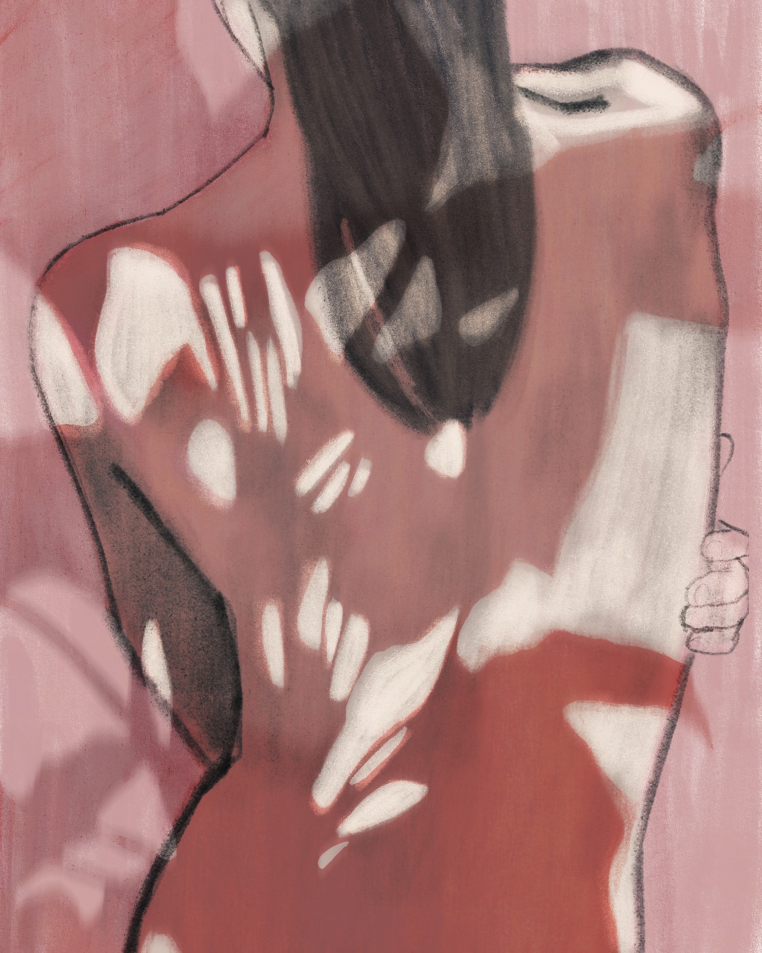 Woman seen from behind, her back covered in pink and red leafy shadows — "Illustration 04" by Katarzyna Księżopolska