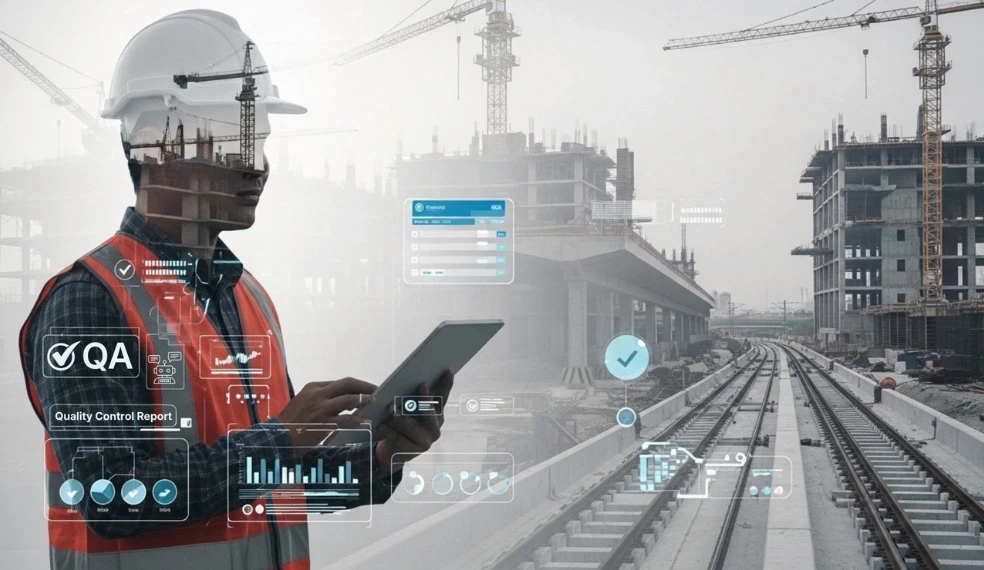 Construction project manager wearing a safety helmet and high-visibility vest using a tablet at an active construction site with metro rail tracks, unfinished buildings, and cranes, overlaid with digital QA dashboards, validation checkmarks, and data analytics visuals representing quality assurance and project management.