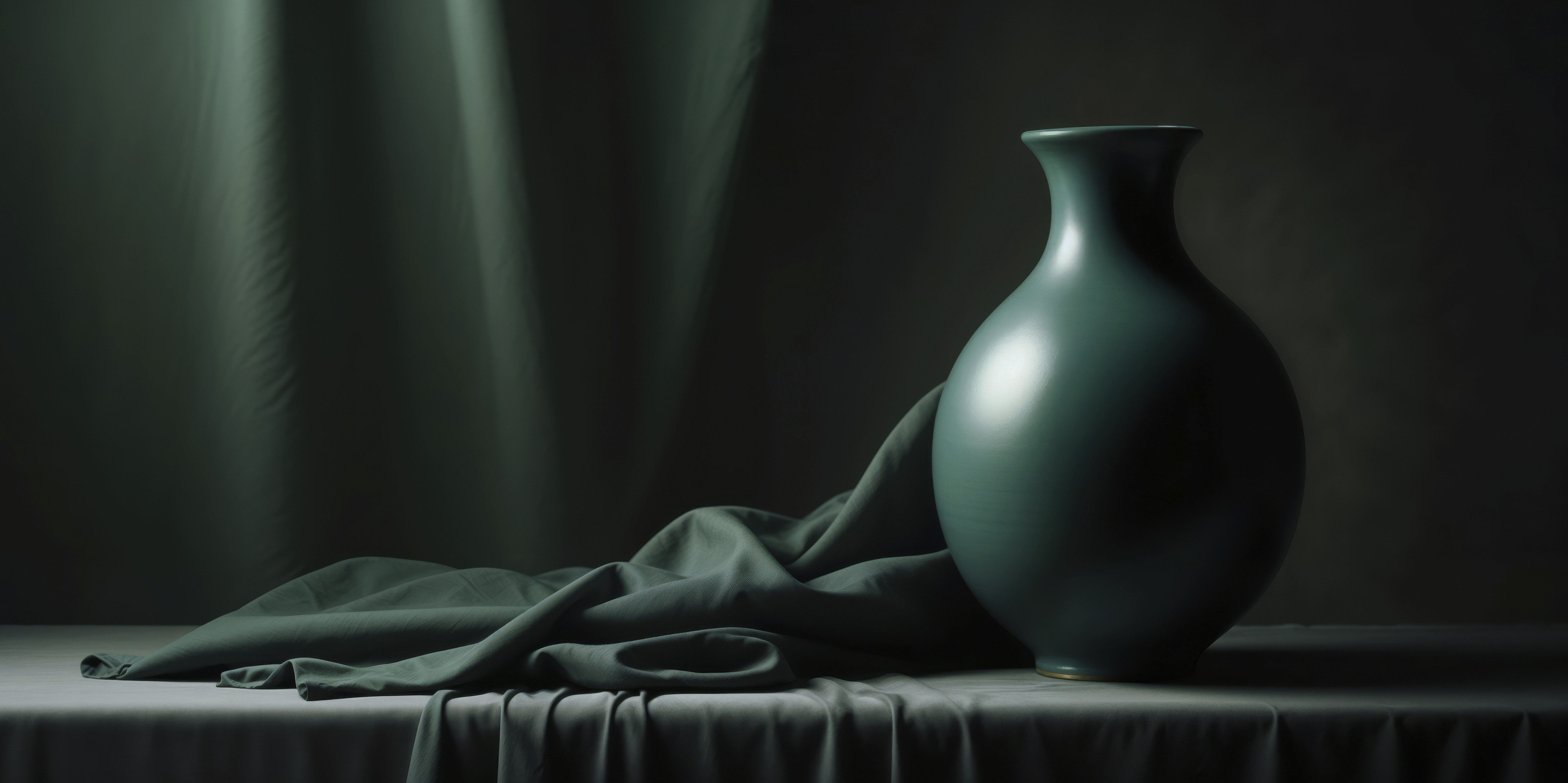 A dark green vase on a draped fabric against a moody background.