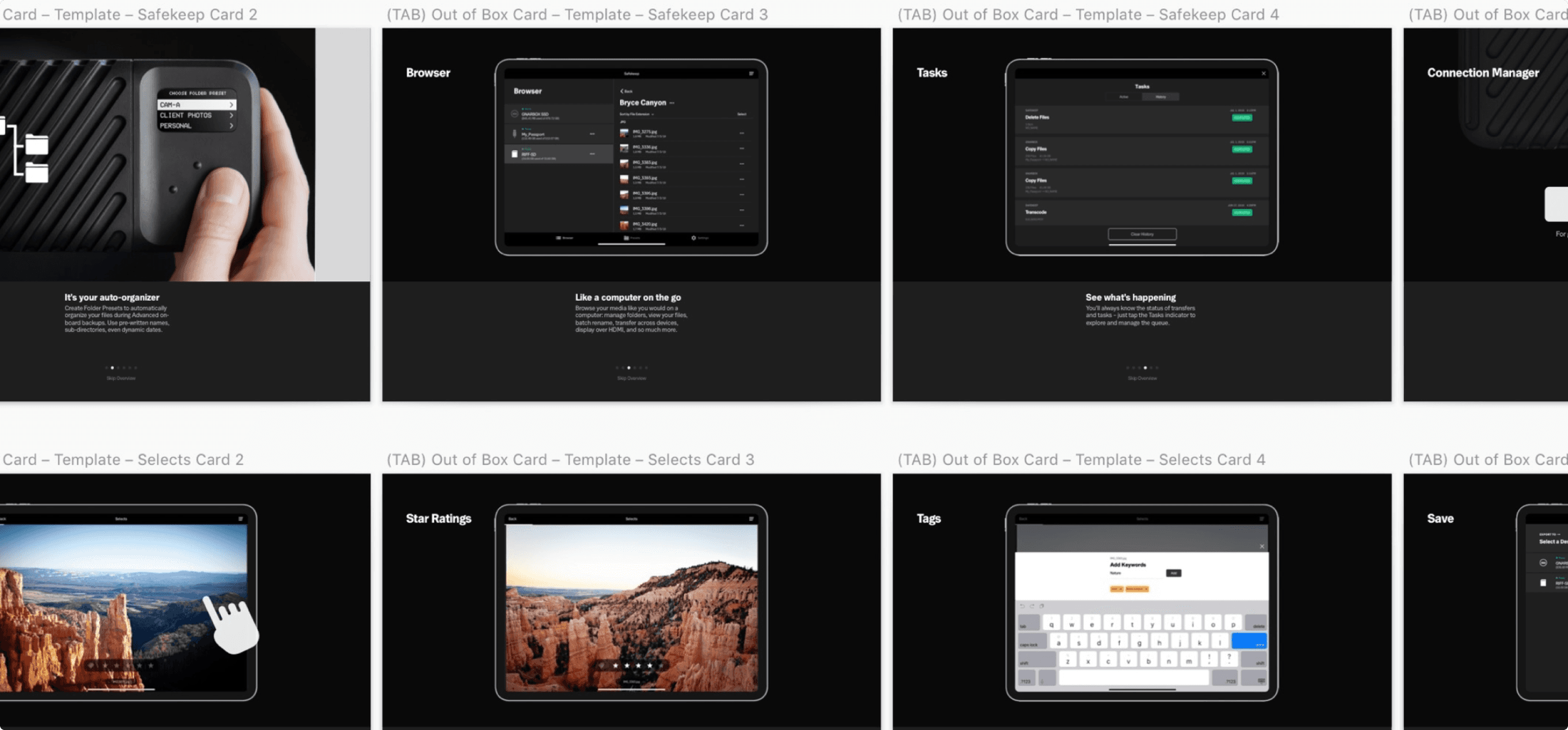 Collage of onboarding flow in GNARBOX software.