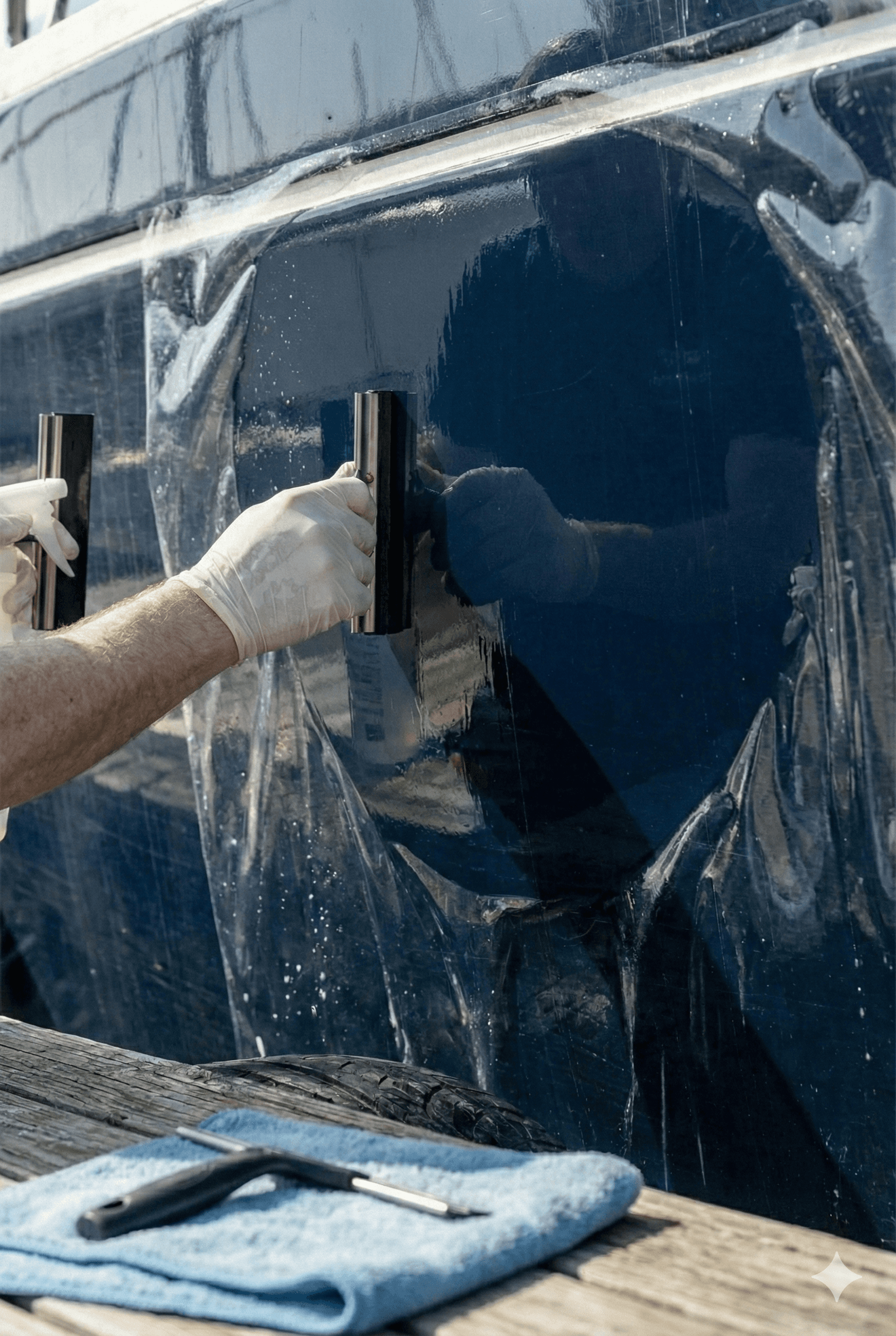Installation of XPEL marine protection film on boat hull by certified technician
