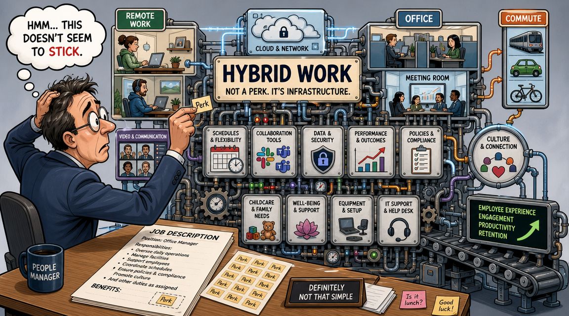A manager confused by hybrid work infrastructure depicted as a complex system of pipes and office tools.
