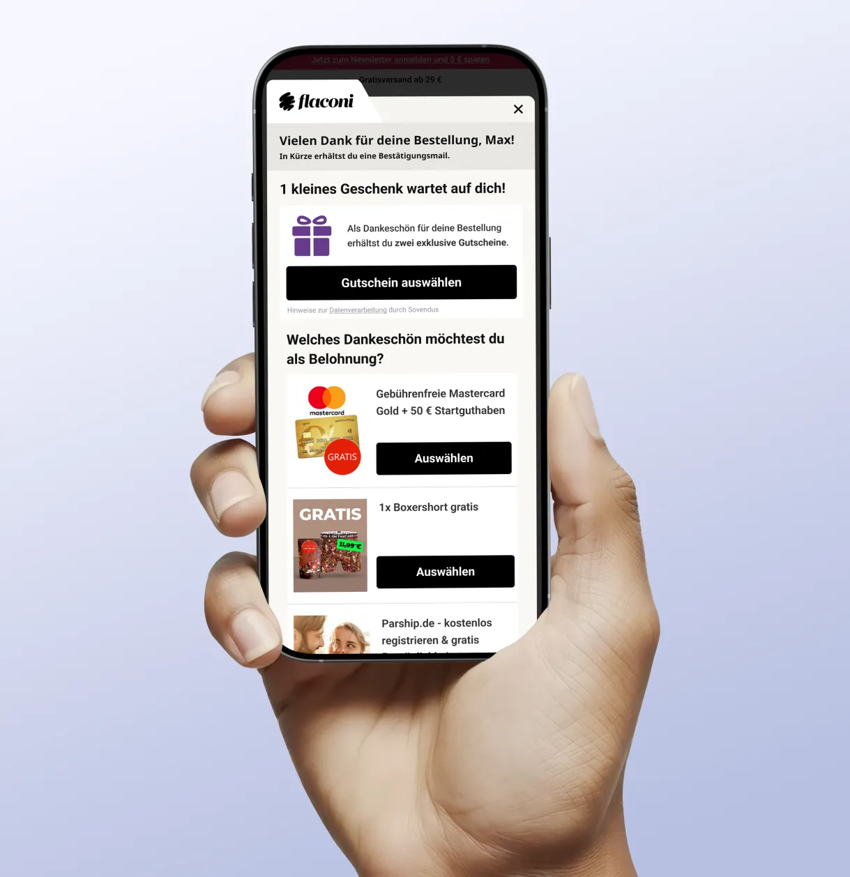 Smartphone mit Sovendus Produkt-Screen