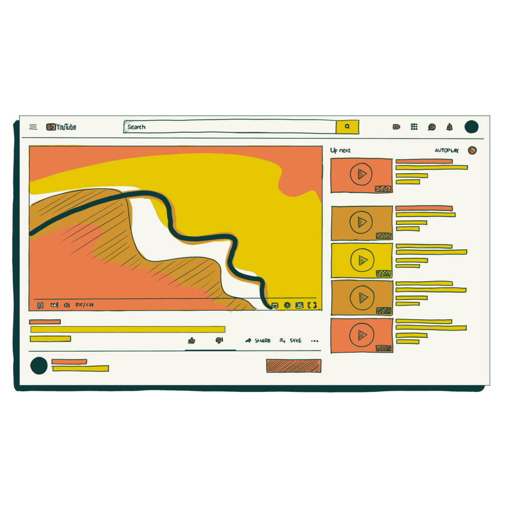 Graphic representing online video content: YouTube interface with video player, control bar, and suggested video sidebar. Features abstract visuals and bold 'YouTube' label—ideal for digital media, video marketing, and content strategy.