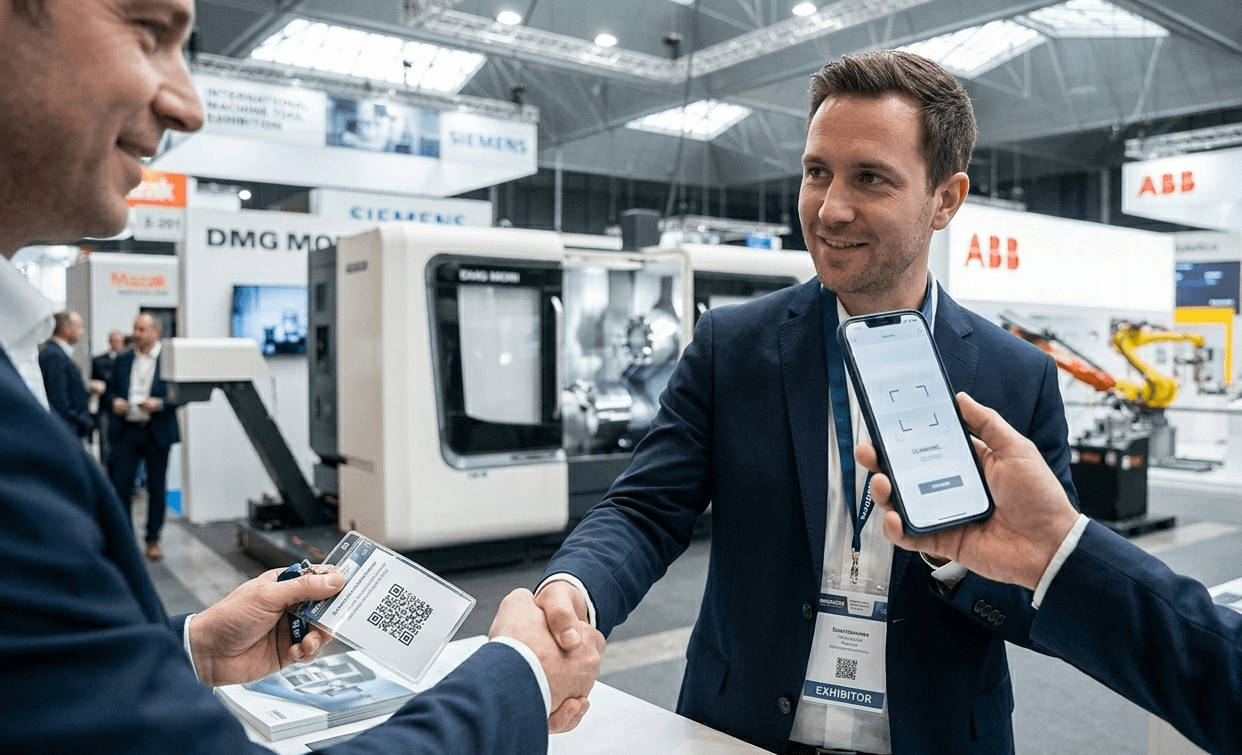 Sales representative scanning trade show badges at BIEMH 2026 using a business card scanner for structured lead capture.