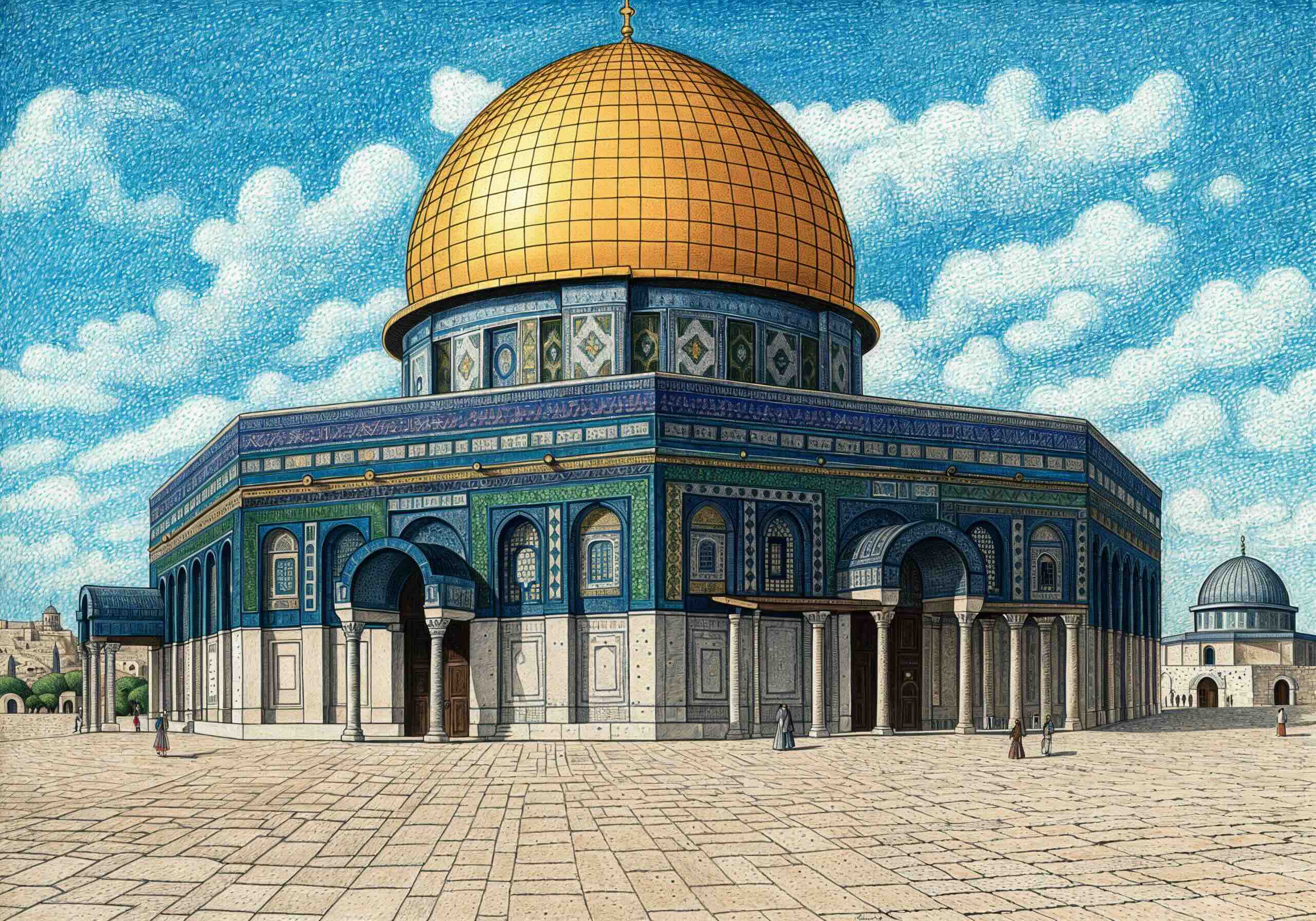 Detailed illustration of the Dome of the Rock in Jerusalem, Israel, featuring its iconic golden dome, intricate blue and green tilework, and surrounding courtyard under a bright blue sky.