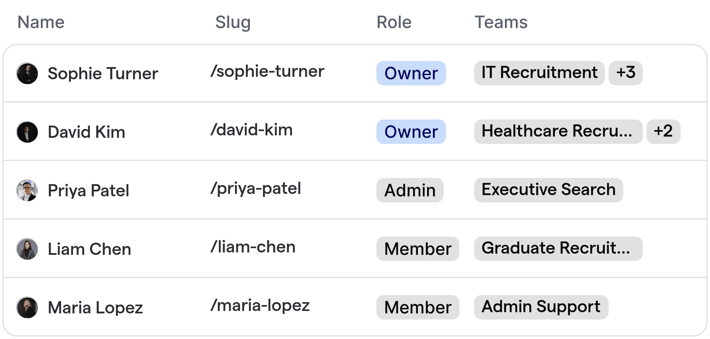 An automated routing team view for recruitment agencies, displaying recruiters by specialization such as IT, healthcare, and executive recruitment.