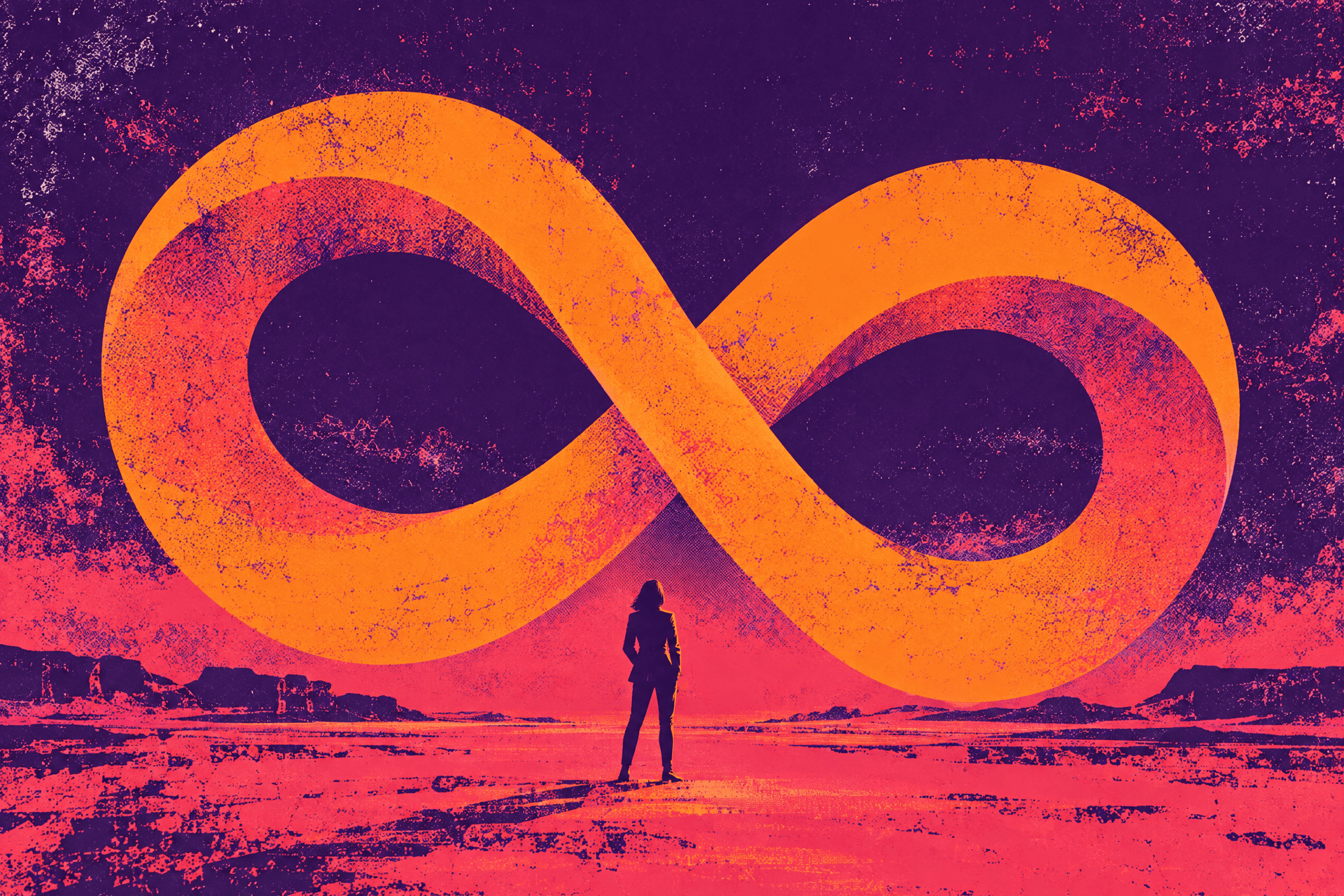 Retro screenprint illustration of a giant orange infinity loop over a coral landscape, with a marketing leader standing at its centre