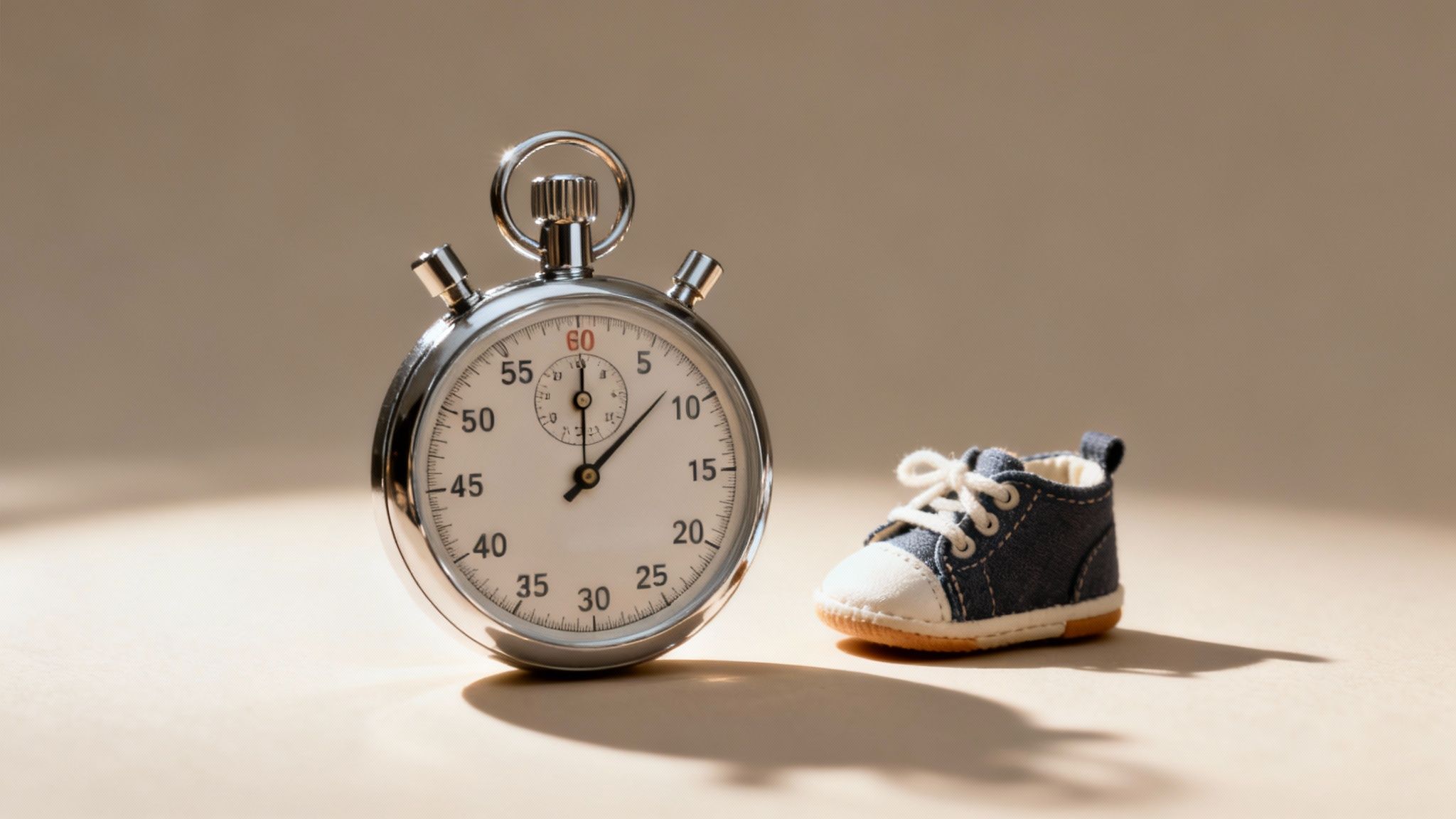 A silver stopwatch stands beside a small denim baby shoe on a light background, symbolizing time.