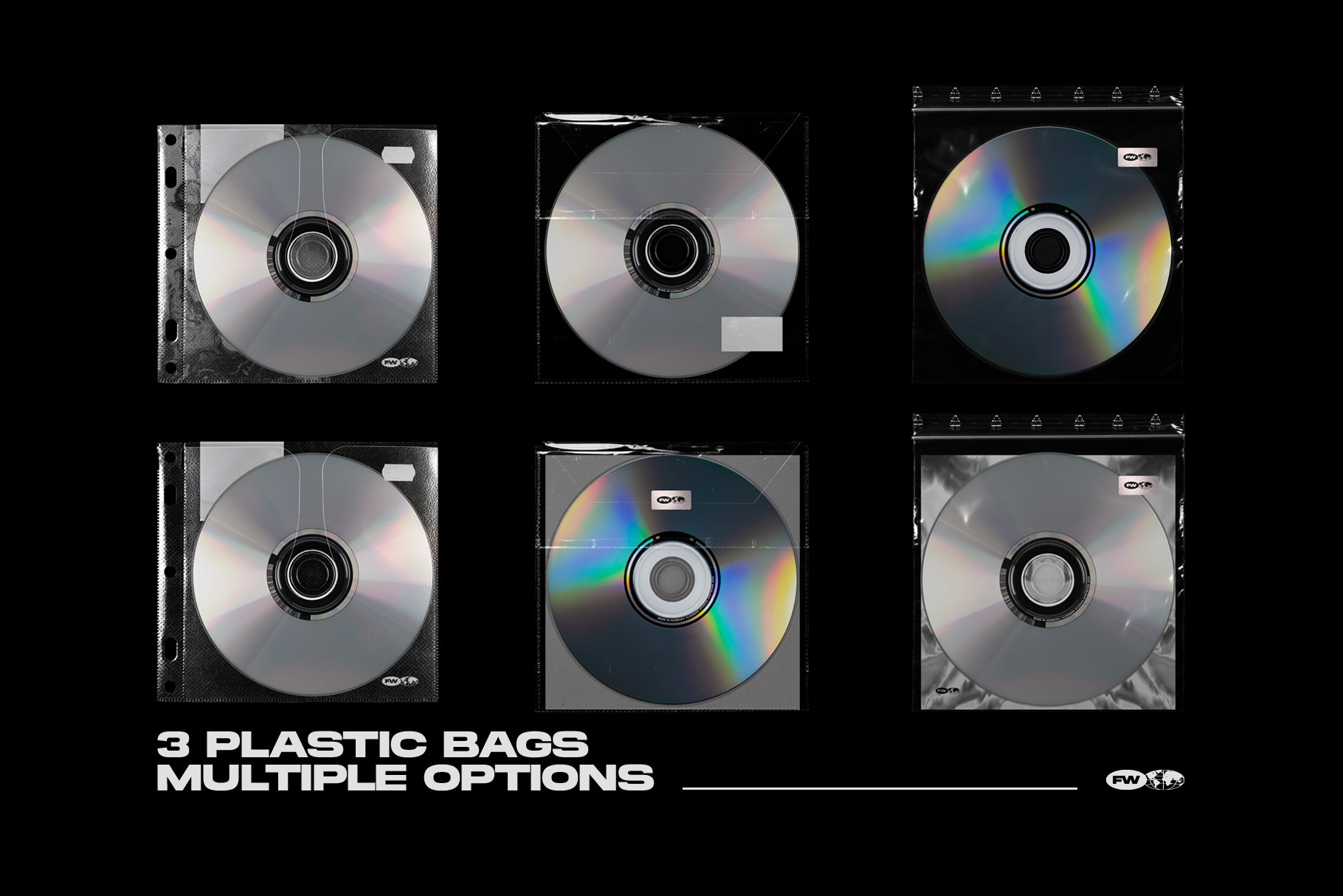 CD plastic bag mockup showing multiple plastic sleeve layout variations