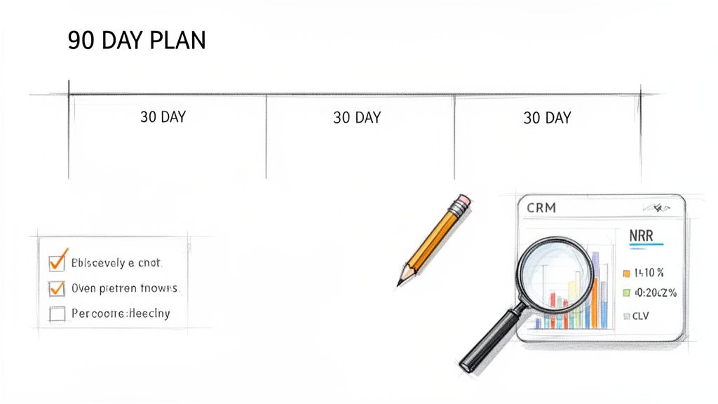 Sketched 90-day business plan with timeline, checklist, and CRM dashboard showing NRR and CLV.