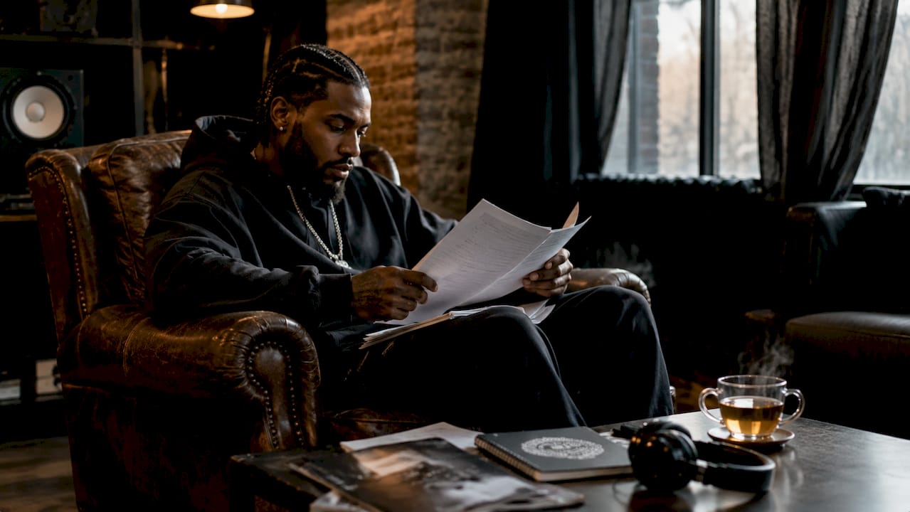 Rapper reviewing music license documents