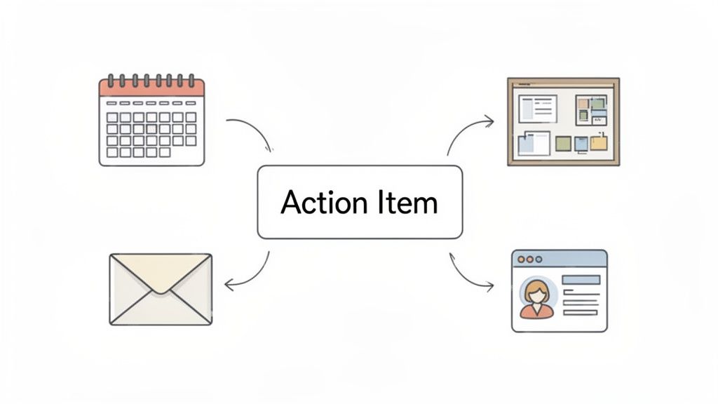 Diagram showing 'Action Item' in the center, connected to calendar, Kanban board, email, and user profile icons.