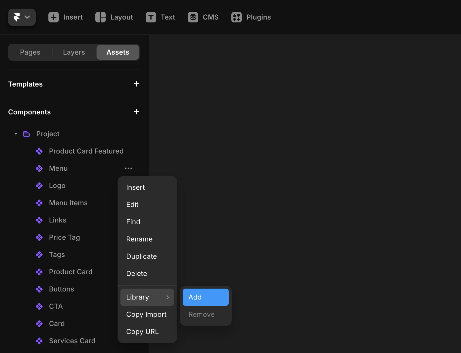 Shows the Assets panel and the dropdown with the option ‘Add to Library’.