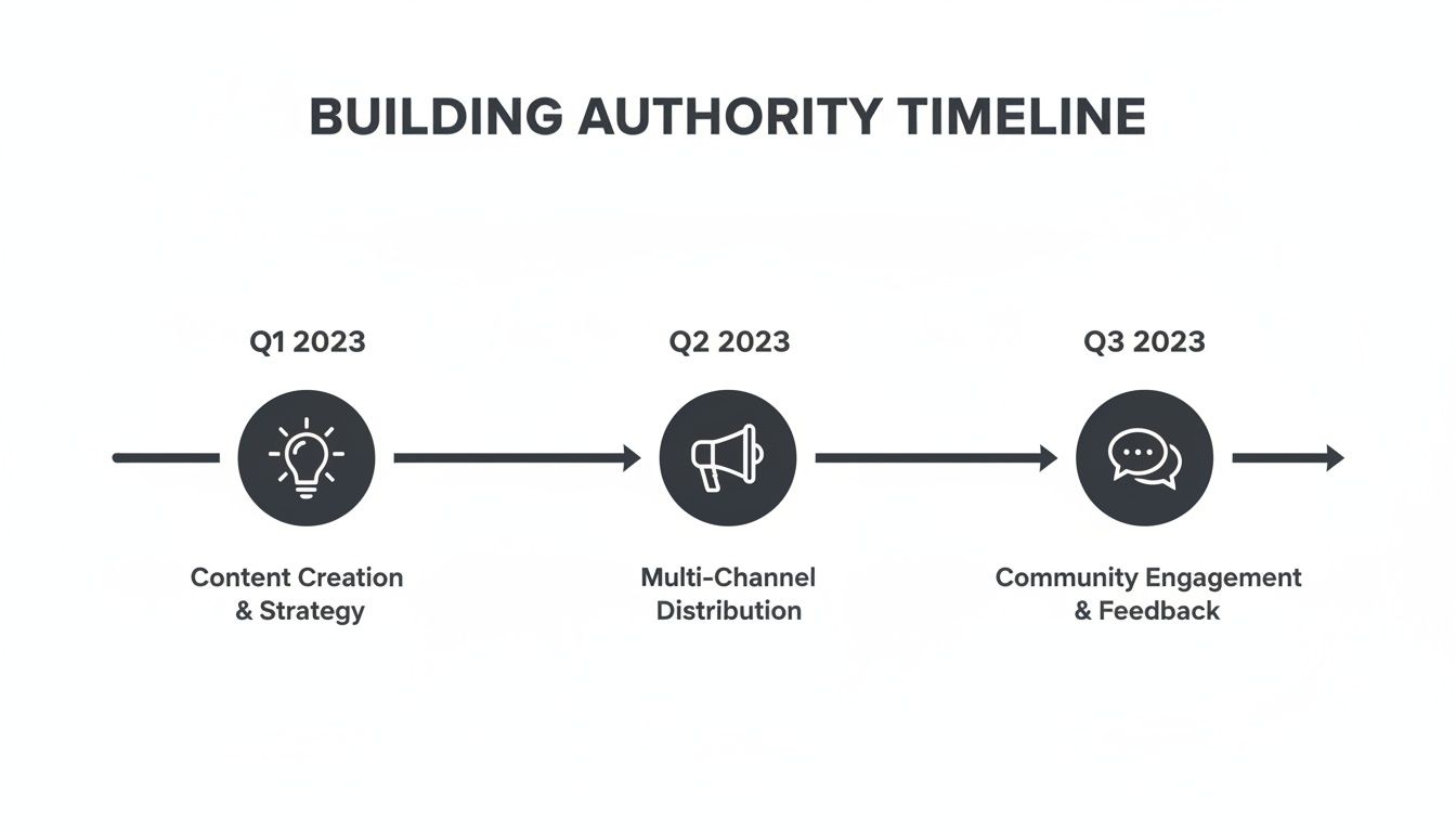 A clear timeline illustrating building authority across Q1, Q2, and Q3 of 2023, detailing content, distribution, and engagement.