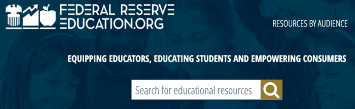 Banner reads: “FederalReserveEducation.org – Equipping educators, educating students and empowering consumers.” Includes a search bar labeled “Search for educational resources” and a button labeled “Resources by Audience.”