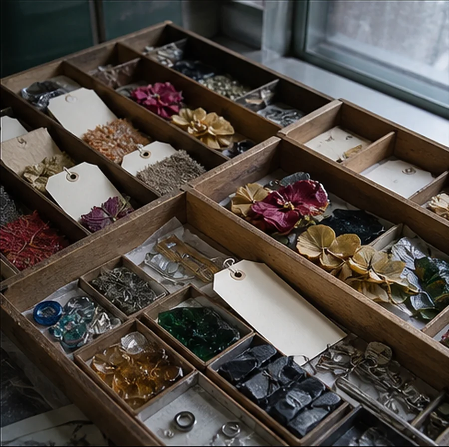 Open index trays with handwritten name cards, thread, a flower, paint, a keycap, and a coin.