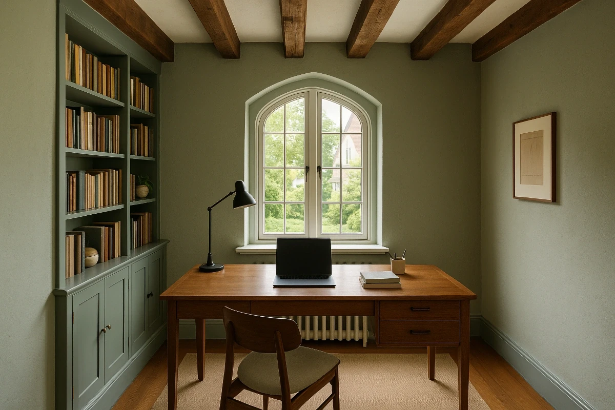 A productive home office in a Whitestone Tudor-style home with walls in a soft sage green (Farrow & Ball "Mizzle")